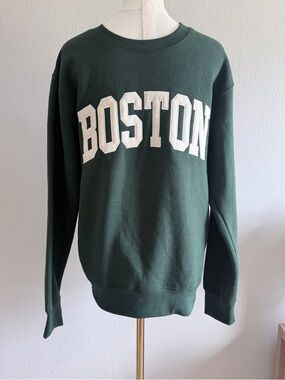 Men's Forest Green Crewneck Sweatshirt with White 'BOSTON' Applique